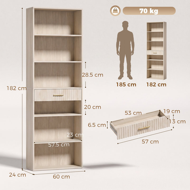 Dimension diagram of the Homcom bookcase showing 60W x 24D x 182H cm and drawer size