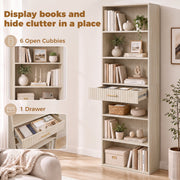 Close-up of the bookcase's 5 open cubbies and single drawer for storage