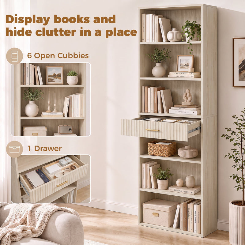 Close-up of the bookcase's 5 open cubbies and single drawer for storage