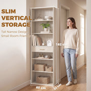 Woman standing beside the 182 cm tall bookcase showing its slim vertical footprint