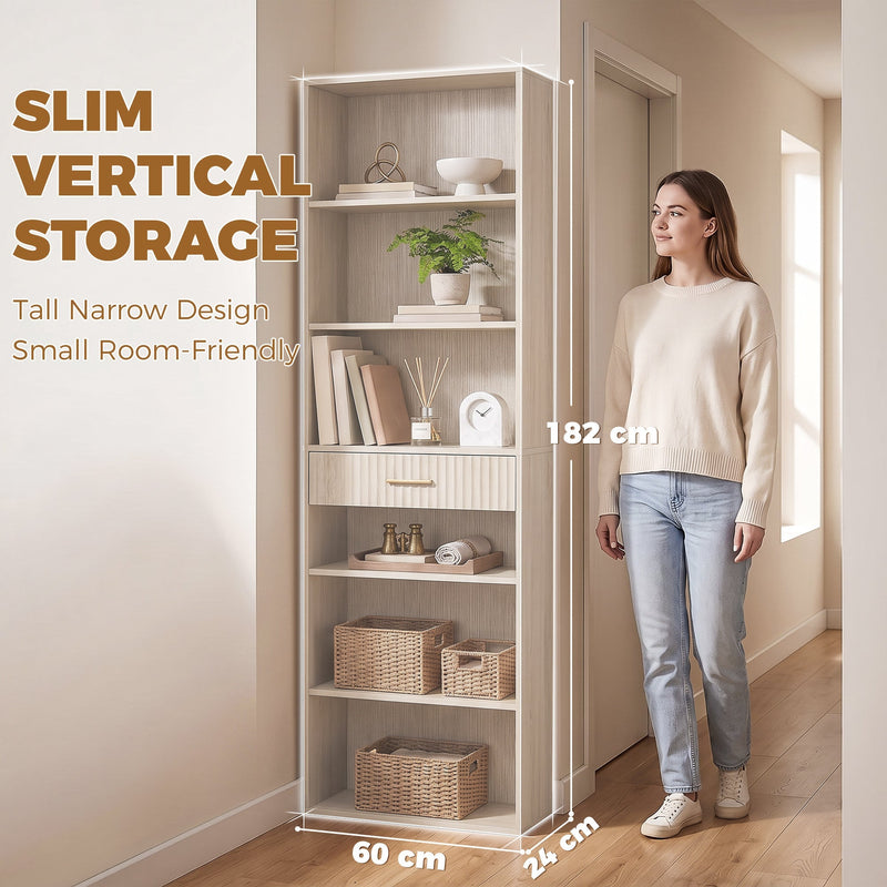 Woman standing beside the 182 cm tall bookcase showing its slim vertical footprint