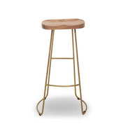 Acacia wood bar stool with brass finish frame on a plain background
