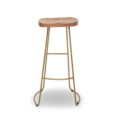 Acacia wood bar stool with brass finish frame on a plain background