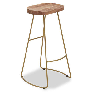 Front view of acacia wood bar stool with metal frame