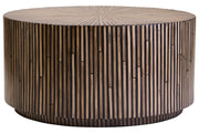 90cm round bamboo inlay coffee table with sunburst pattern, studio shot