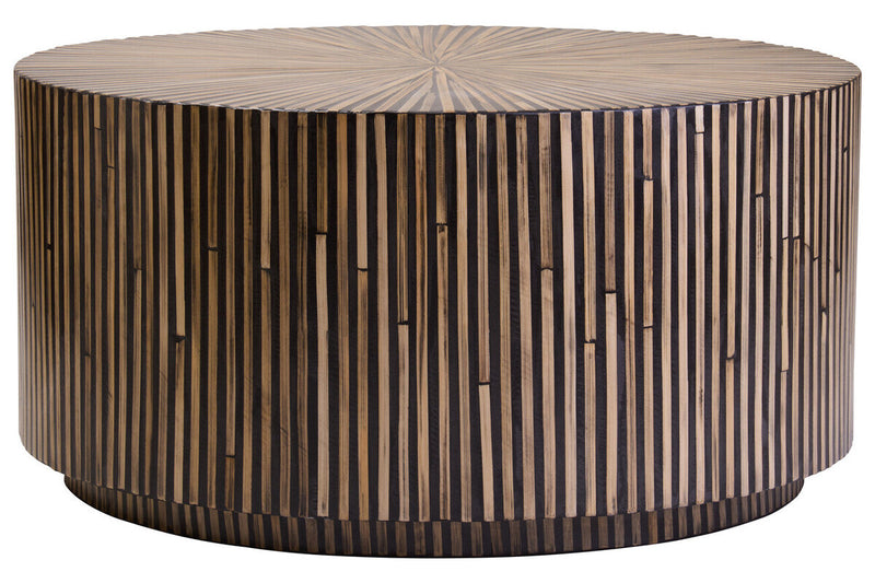 90cm round bamboo inlay coffee table with sunburst pattern, studio shot