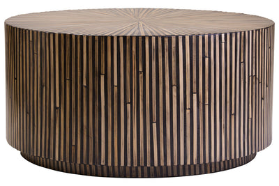 90cm round bamboo inlay coffee table with sunburst pattern, studio shot