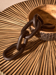 Bamboo inlay coffee table in a Japandi style room with rattan and pale wood