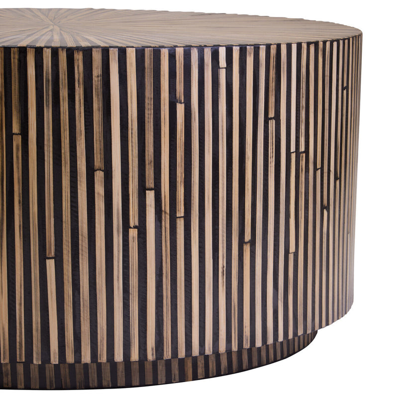 Macro close-up of hand-laid bamboo strips radiating from the centre of the top