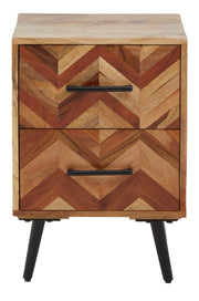 Front view of the mango wood bedside table showing two drawers and slim black iron legs