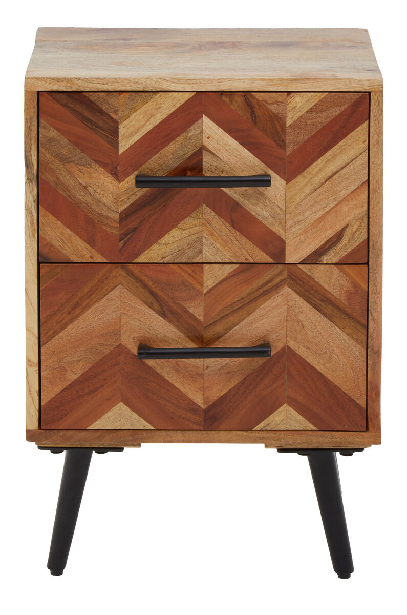 Front view of the mango wood bedside table showing two drawers and slim black iron legs