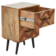 Angled studio view of the two-drawer mango wood bedside table showing grain across the drawer fronts