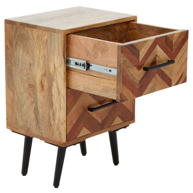 Angled studio view of the two-drawer mango wood bedside table showing grain across the drawer fronts