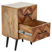 Side profile of the bedside table showing the 30cm depth and black iron leg frame
