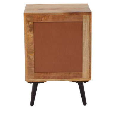 Rear and top view of the mango wood bedside table on a plain background