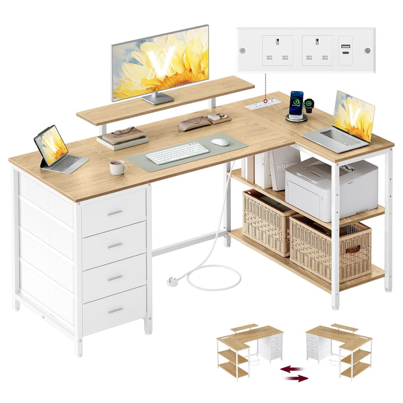 Natural oak L-shaped corner desk with white 4-drawer cabinet, shelves, monitor stand and power strip