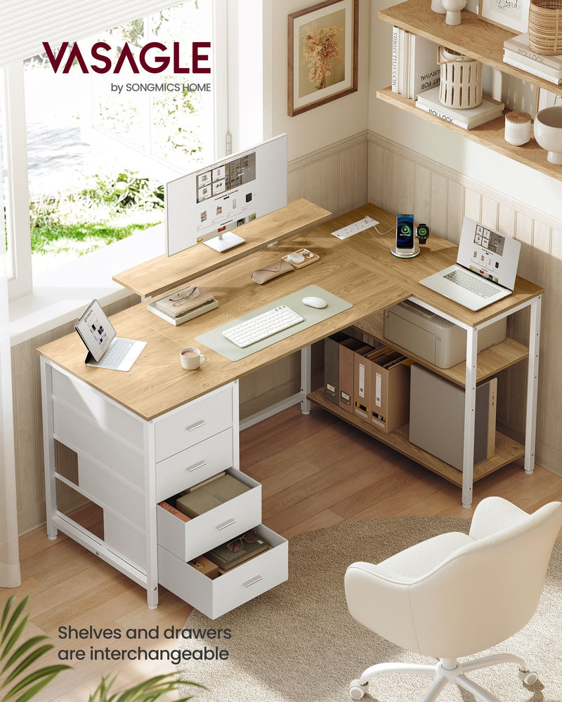 Natural oak L-shaped corner desk in a home office corner with interchangeable shelves and drawers