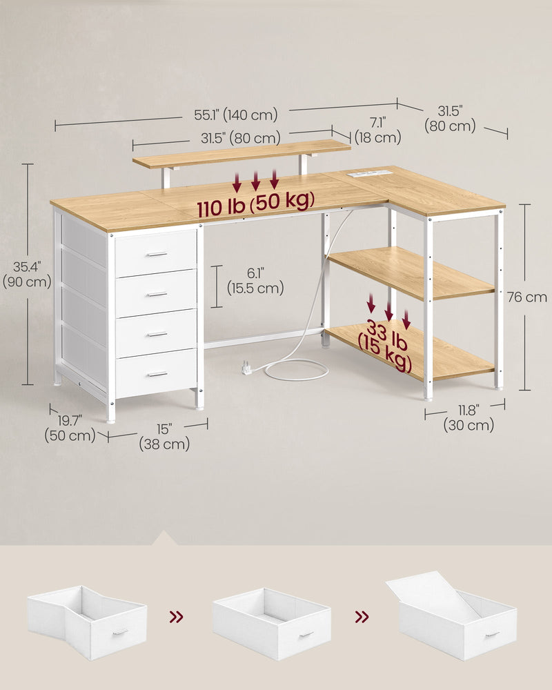 Dimensions diagram of the L-shaped desk, 140 x 80 cm with 76 cm desktop height and load limits