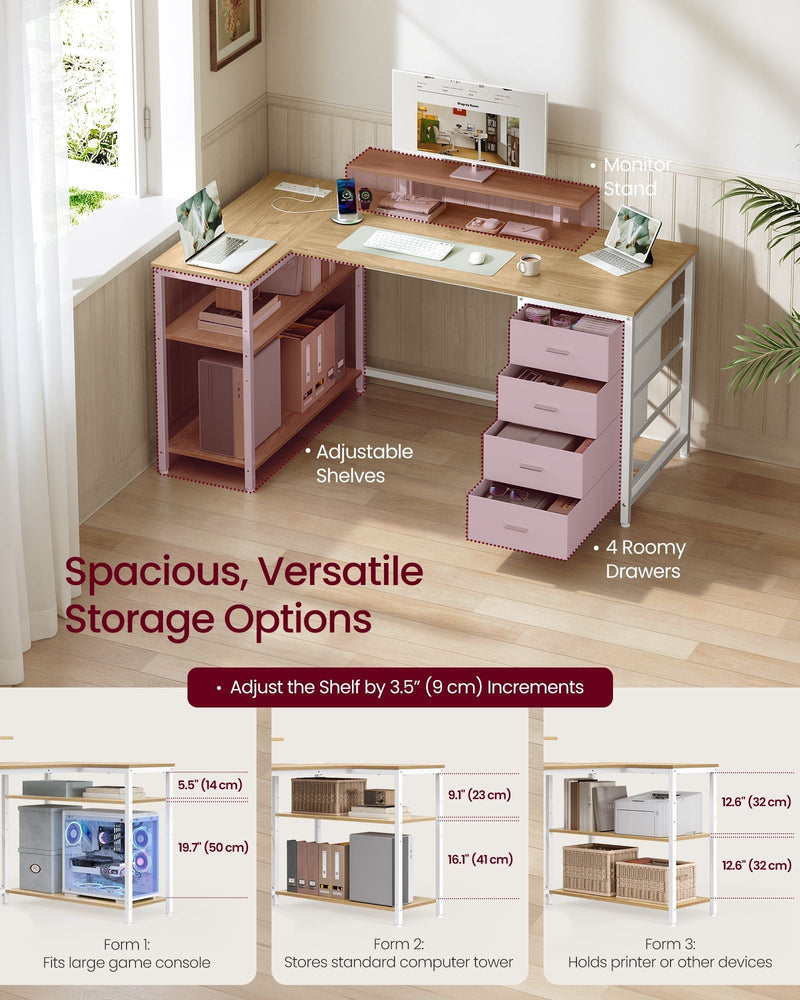 L-shaped desk with adjustable shelves and 4 drawers, with three shelf height examples