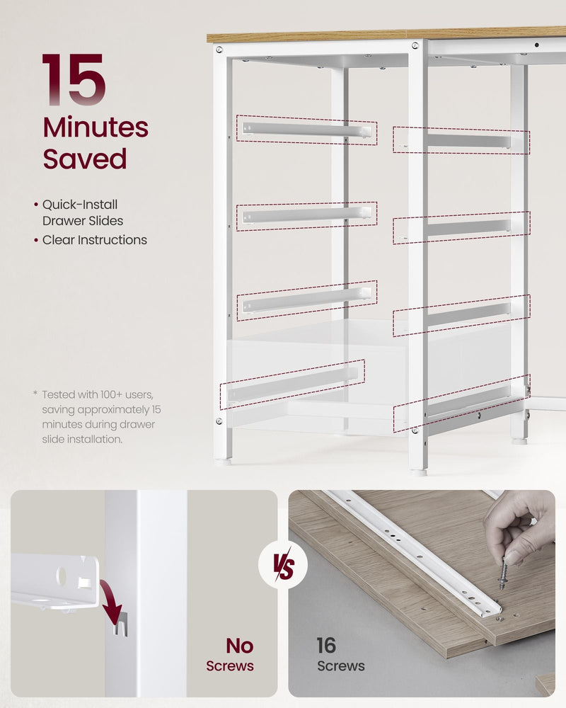 Close-up of quick-install drawer slides compared with screw-fixed slides