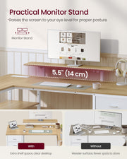 Raised 14 cm monitor stand on the L-shaped desk, shown with and without the stand