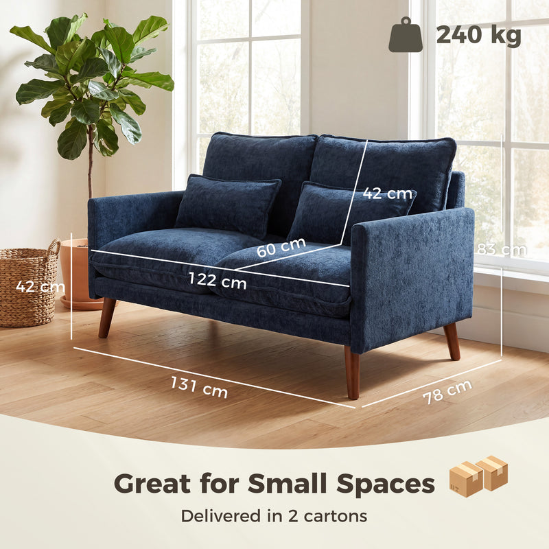 2 Seater Compact Sofa for Small Spaces with Supportive Cushions and Velvet Feel Blue