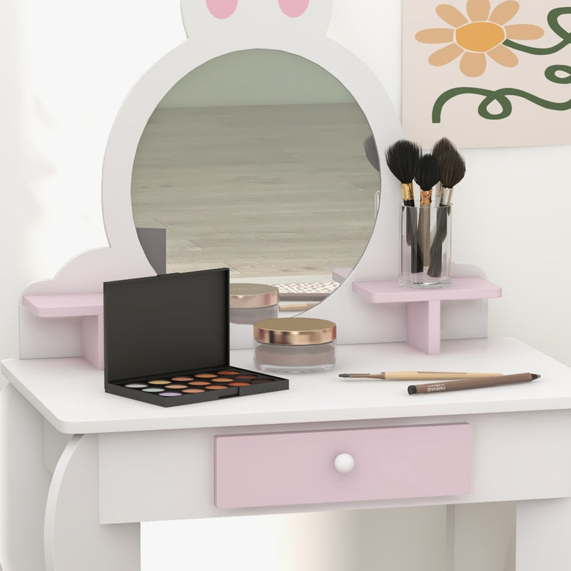 Kids Dressing Table with Mirror and Stool Ideal for Bedroom or Playroom, White and Pink