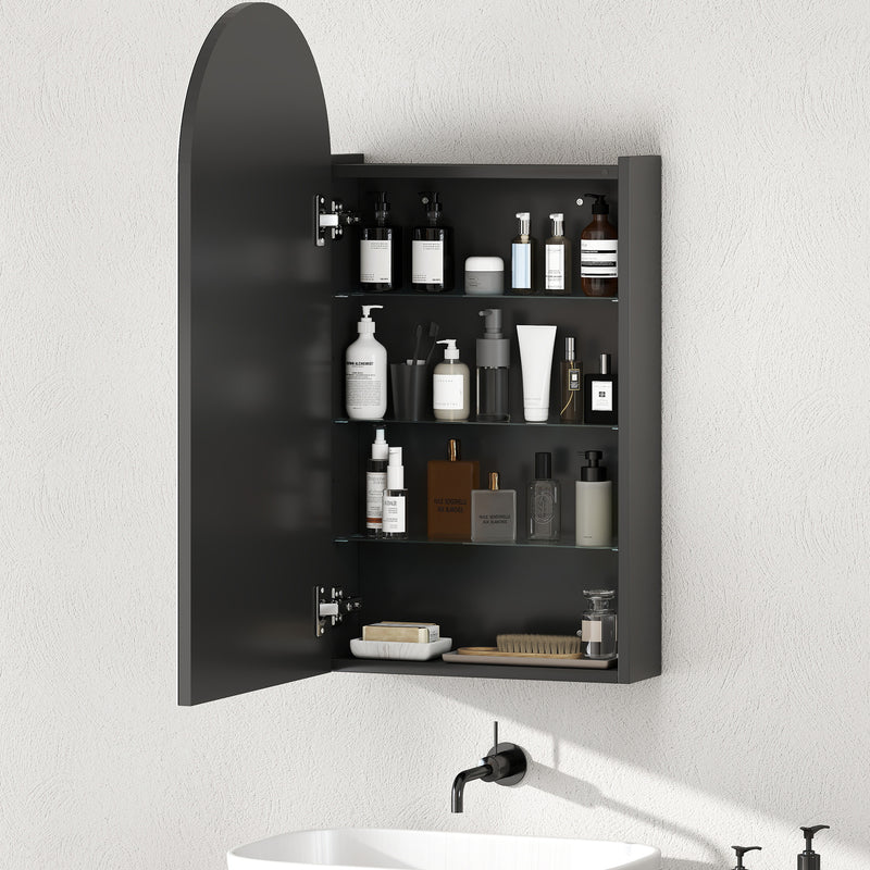 Arched Bathroom Mirror Cabinet With Adjustable Glass Shelves For Storage, Black