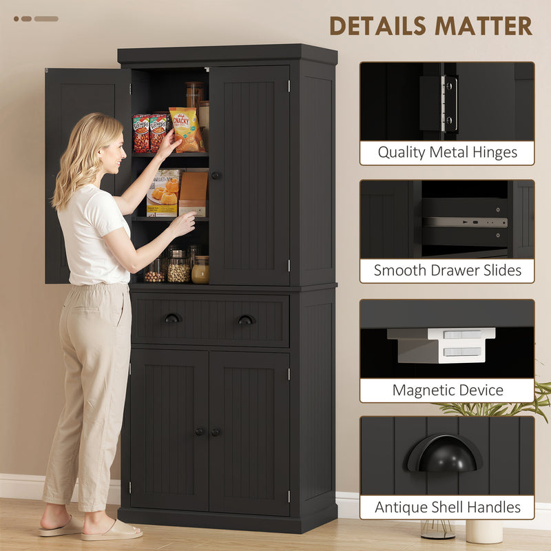 Tall Kitchen Storage Cabinet With Adjustable Shelves and Deep Cupboards Black
