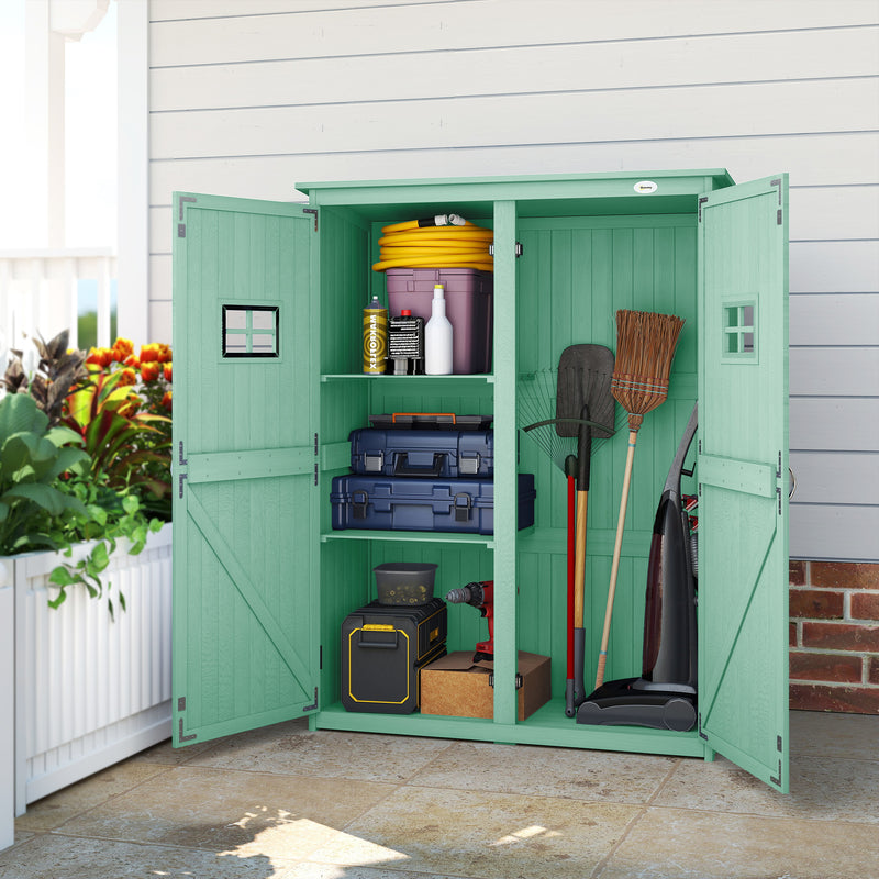 Small Wooden Garden Storage Shed With Shelves and Tall Tool Compartment Weather Resistant Green