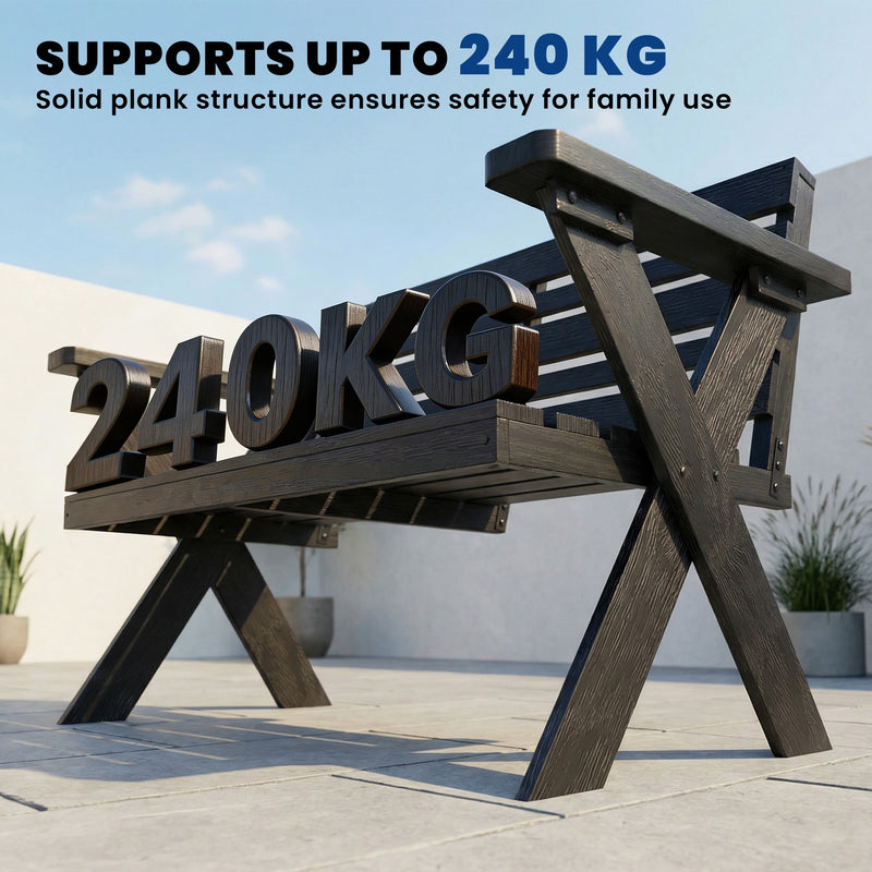 Black Wooden Garden Bench for 2 with Weather Resistant Fir Wood and Modern X Frame Legs