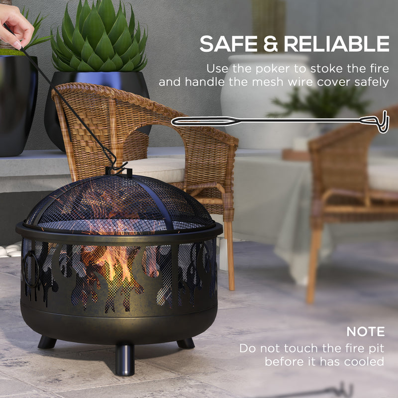 Black Steel Fire Pit BBQ With Poker For Garden Heating And Outdoor Cooking