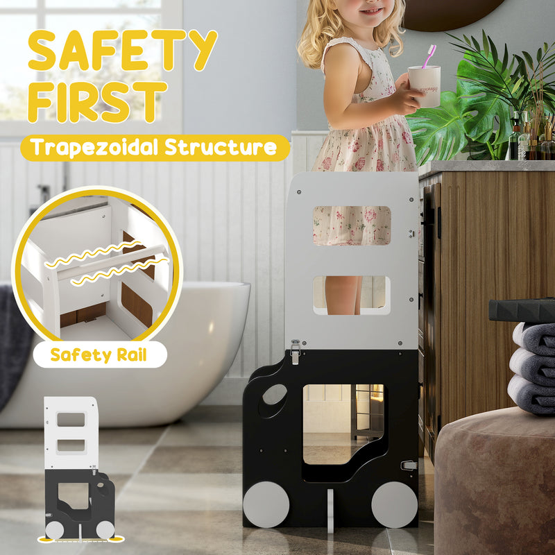 Foldable Toddler Step Stool With Safety Rail For Kitchen And Bathroom Use Grey AOSOM