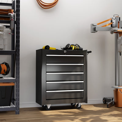 Black 5 Drawer Steel Tool Chest With Wheels And Lock For Garage Or Workshop Storage