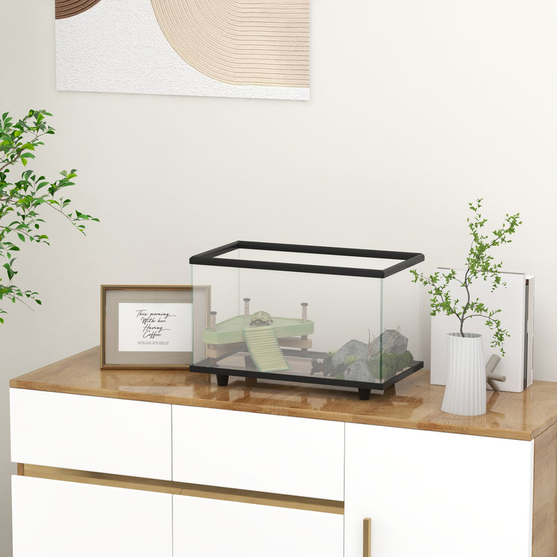 28L Glass Turtle Tank Aquarium with Basking Platform and Easy Drainage System, Black