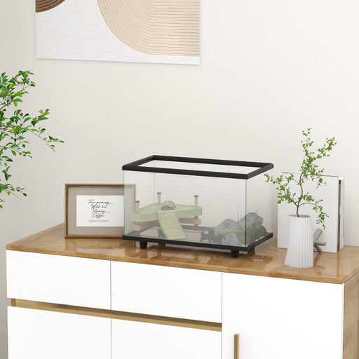 28L Glass Turtle Tank Aquarium with Basking Platform and Easy Drainage System, Black