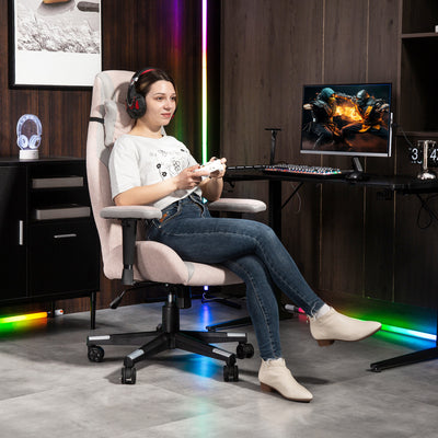 Pale Pink Fabric Gaming Chair With Lumbar Support And Headrest For Comfortable Play