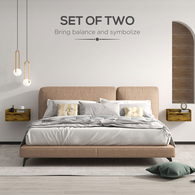 Set of 2 Industrial Style Wall Mounted Bedside Tables with Drawer Ideal for Small Bedrooms Rustic Brown