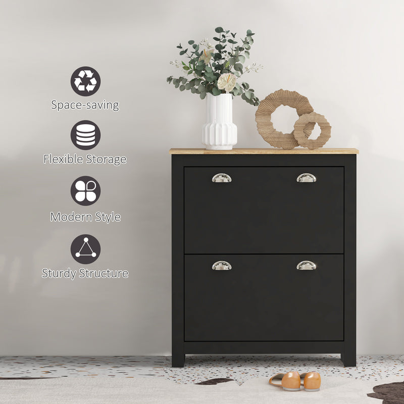 2 Drawer Wooden Shoe Cabinet With Flip Doors Fits 12 Pairs Ideal For Hallways, Black