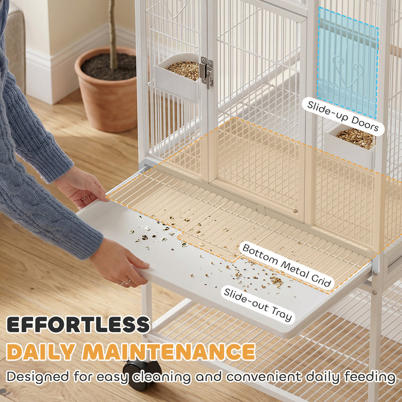 Mobile Bird Cage With Stand and Storage Shelf for Easy Cleaning and Moving White