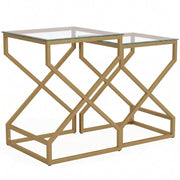 Homcom nest of 2 side tables with clear glass tops and gold X-frame legs, studio view