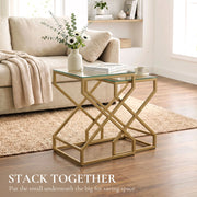 Nesting tables shown stacked together to save floor space
