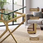 Close-up of the gold steel frame joints and glass tabletop edge