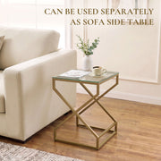 Single side table used separately next to a sofa arm with coffee and a magazine