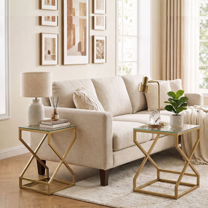 Pair of nesting tables used as two separate side tables beside a cream sofa