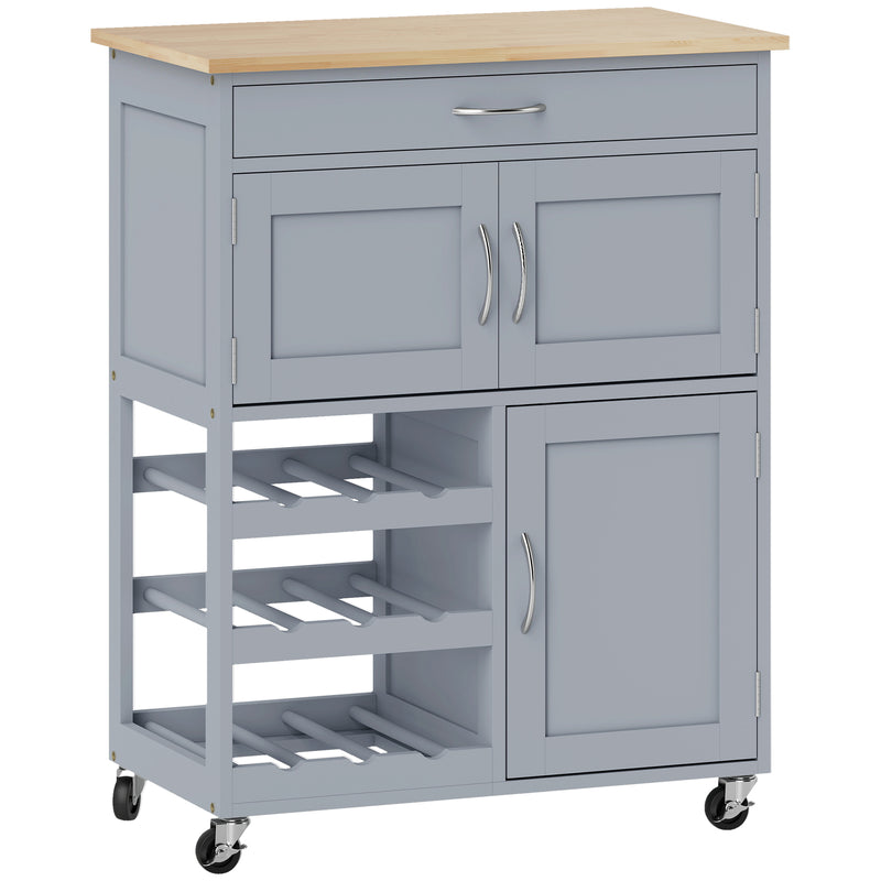 Kitchen Trolley with Storage Cabinets and Wine Rack for Extra Prep Space Grey