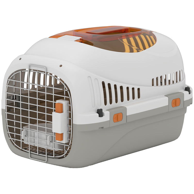 Plastic Pet Carrier with Secure Steel Door and Feeding Bowl for Cats and Small Dogs Grey