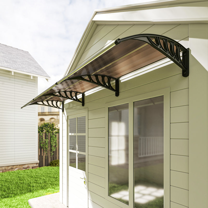 303cm Wide Curved Front Door Canopy Awning With Rain Shelter Ideal For Porch Windows And Entrances, Brown