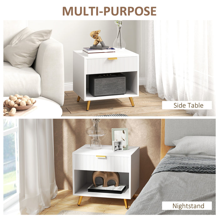 White Bedside Table with Gold Legs, Drawer and Shelf Elegant Design by HOMCOM