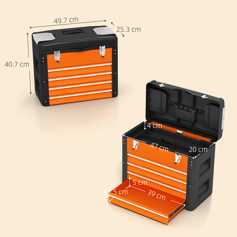 Large Orange Metal Toolbox With 4 Drawers For Organised Garage Or Workshop Storage AOSOM